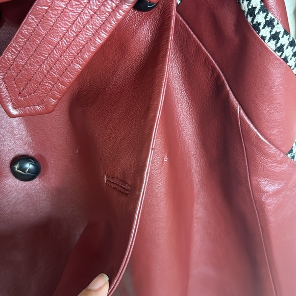 Vtg Spiegel Womens Houndstooth Trim Genuine Leather Overcoat size 12 Crimson - Picture 5 of 11